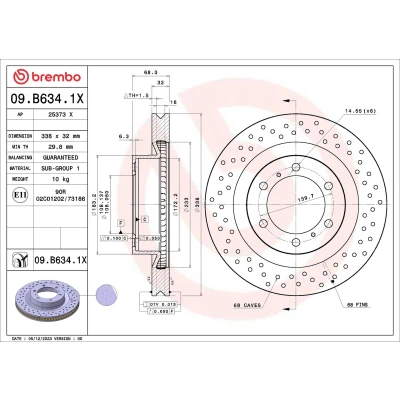 Bilde av BREMBO Bremseskive TOYOTA: Land Cruiser Prado 150 338mm 32mm 6 perforert / ventilert belagt 09.B634.1X 4351260190,4351260191 Bremseskiver