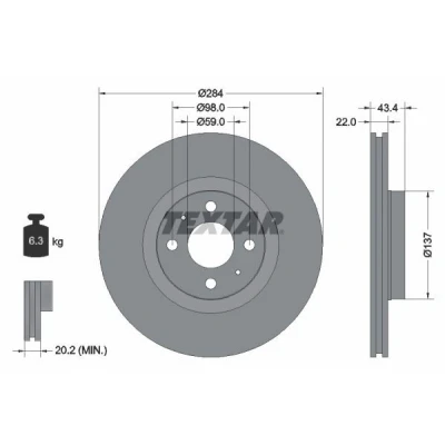 Bilde av TEXTAR 92053500 Bremseskiver 284 22 04/06 98 innvendig ventilert uten hjulfestebolt, hjulnav FIAT: 500 Hatchback, BRAVO 2, Doblo I Cargo