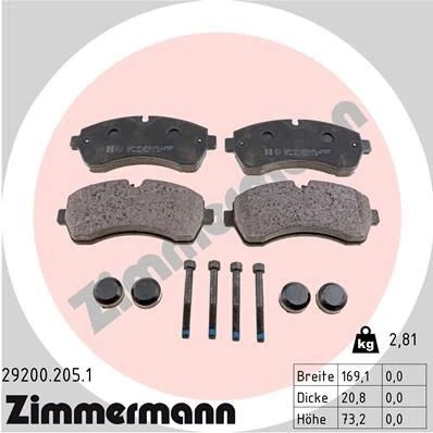 Bilde av ZIMMERMANN 29200.205.1 Bremseklosser klargjort for slitasjeindikator med skruer Bildet viser leveranseinnholdet MERCEDES BENZ: Sprinter 3.5 T Van