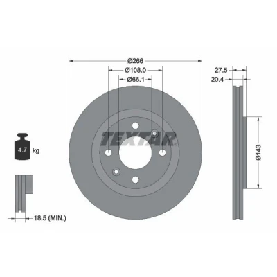 Bilde av TEXTAR PRO 92048103 Bremseskiver 266 20,4 04/06 108 utvendig ventilert belagt uten hjullager, hjulfestebolt, hjulnav