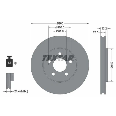 Bilde av TEXTAR PRO 92271603 Bremseskiver 260 23 05/05 100 innvendig ventilert belagt uten hjulfestebolt, hjulnav CHRYSLER: Stratus Cabrio