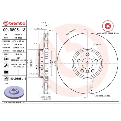 Bilde av BREMBO 09.D895.13 Bremseskiver 374 36 5 innvendig ventilert, todelt bremseskive belagt høy karbon med skruer BMW: Touring, 7, Sedan