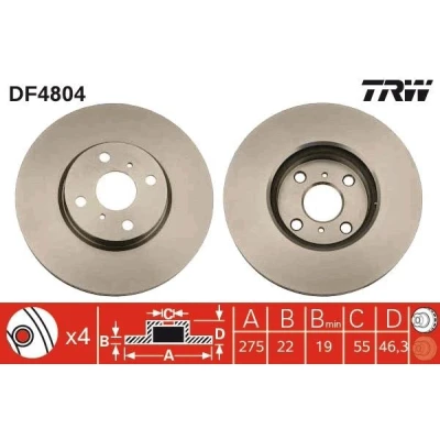 Bilde av TRW DF4804 Bremseskiver 275 22 4 55 ventilert spraylakkert TOYOTA: Yaris III Hatchback, II Corolla X Sedan