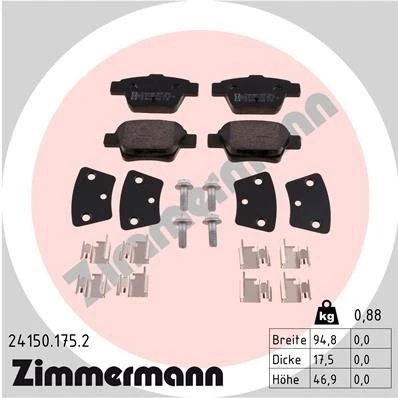Bilde av ZIMMERMANN 24150.175.2 Bremseklosser med skruer Bildet viser leveranseinnholdet, fjær PEUGEOT: 207 Hatchback, 307 SW, Stasjonsvogn