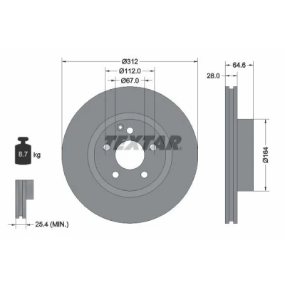Bilde av TEXTAR PRO+ 92115305 Bremseskiver 312 28 05/06 112 innvendig ventilert belagt høy karbon uten hjulfestebolt, hjulnav