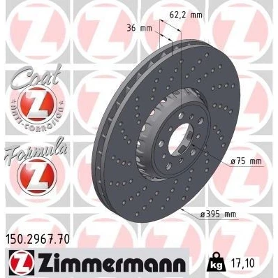 Bilde av ZIMMERMANN bremseskive BMW: X5, X6 395mm 36mm 10/5 5 hull 112mm ventilert, hullet, todelt 150.2967.70 Bremseskiver, Skivebremser
