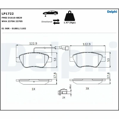 Bilde av DELPHI LP1722 Bremseklosser inkl. slitasjevarselkontakt med antihyle blikk tilbehør FIAT: 500 Hatchback, BRAVO 2, Punto Evo Hatchback