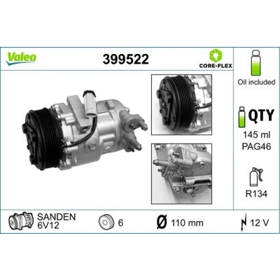 Bilde av VALEO 399522 Kompressor 6V12 12V PAG 46 R134a med kompressorlje