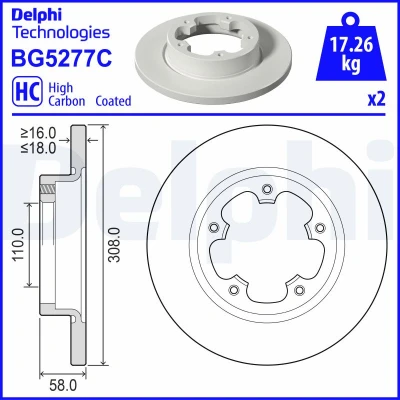 Bilde av DELPHI Bremseskive FORD: Transit Mk7 Van, Minibuss 308mm 18mm 5 fullt ut BG5277C Bremseskiver, Skivebremser
