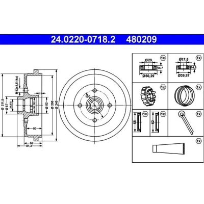 Bilde av ATE 24.0220 0718.2 Bremsetrommel med hjullager, uten ABS sensorring 240,0mm VOLKSWAGEN: Jetta 2, GOLF Polo III Classic