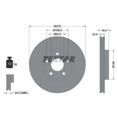 Bilde av TEXTAR PRO 92124803 Bremseskiver 278 24 05/05 108 innvendig ventilert belagt uten hjulfestebolt, hjulnav FORD: Transit Connect Mk1 Van