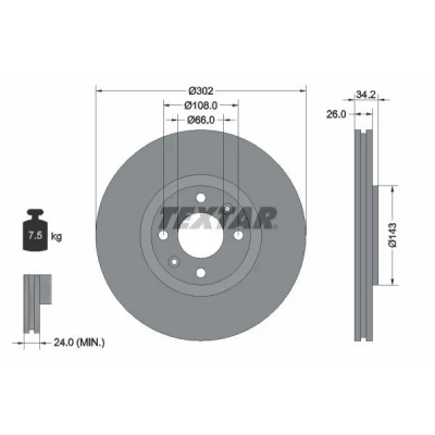 Bilde av TEXTAR PRO 92168503 Bremseskiver 302 26 04/06 108 innvendig ventilert belagt uten hjulfestebolt, hjulnav PEUGEOT: 5008 I, 3008 308 I Hatchback