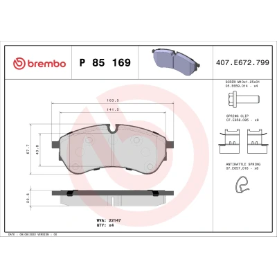 Bilde av BREMBO P 85 169 Bremseklosser klargjort for slitasjeindikator med bremsecaliperskruer tilbehør VOLKSWAGEN: Crafter Van
