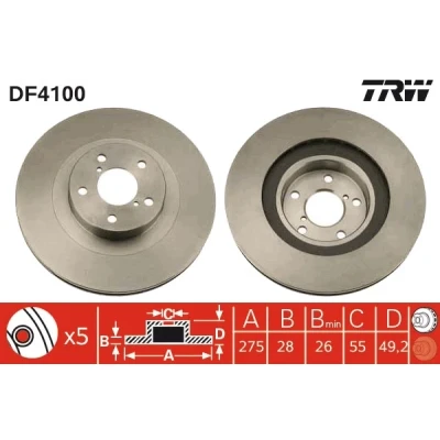Bilde av TRW DF4100 Bremseskiver 275 28 5 100 ventilert spraylakkert TOYOTA: Avensis II Station Wagon, I Stasjonsvogn, Celica IV Hatchback