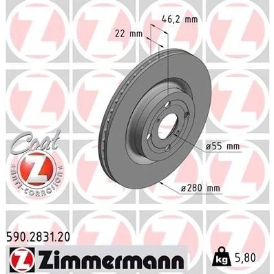 Bilde av ZIMMERMANN 590.2831.20 Bremseskiver 280 22 6/4 4 100 innvendig ventilert belagt TOYOTA: Yaris III Hatchback
