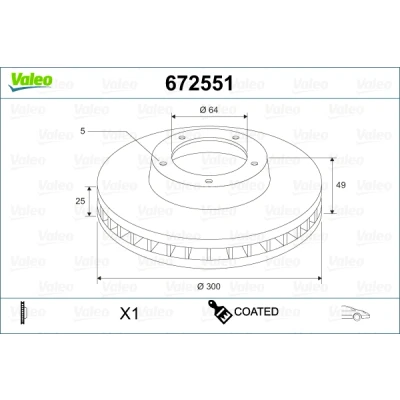 Bilde av VALEO 672551 Bremseskiver framaksel 300 25 5 ventilert belagt FORD: KUGA 1, FOCUS 3, Transit Connect V408 Van, VOLVO: V50, C30, S40 II
