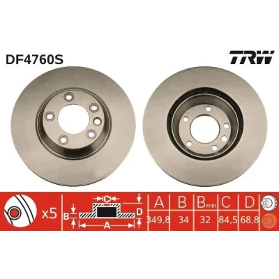 Bilde av TRW DF4760S Bremseskiver 350 34 5 130 ventilert spraylakkert høy karbon med skrue PORSCHE: Cayenne, Panamera, AUDI: Q7, VOLKSWAGEN: Touareg I