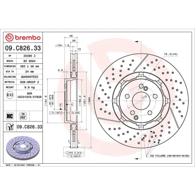 Bilde av BREMBO 09.C826.33 Bremseskiver 360 26 5 innvendig ventilert, slisset / perforert, todelt bremseskive belagt høy karbon MERCEDES BENZ: E Klasse Sedan