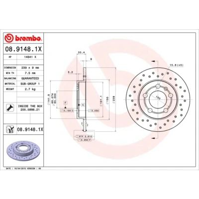 Bilde av BREMBO XTRA LINE 08.9148.1X Bremseskiver 239 9 5 fullt ut, hullet belagt med skruer AUDI: TT Roadster, A3 Hatchback, Coupé, VOLKSWAGEN: Golf 4