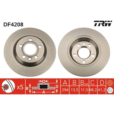 Bilde av TRW DF4208 Bremseskiver 294 13,5 5 112 fullt ut spraylakkert VOLKSWAGEN: Transporter 4 Bus, 4, Sharan I, FORD: Galaxy Mk1 MPV