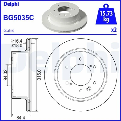 Bilde av DELPHI BG5035C Bremseskiver 315 18 6 ventilert belagt ubehandlet uten hjullager, ABS sensorring
