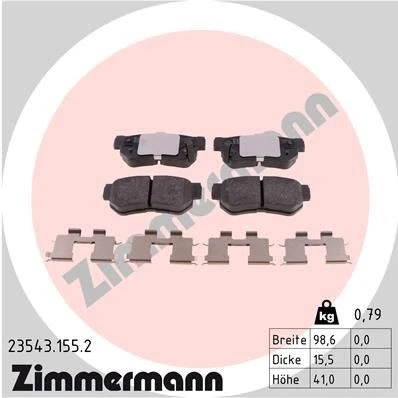 Bilde av ZIMMERMANN 23543.155.2 Bremseklosser med akustisk slitasjevarsel Bildet viser leveranseinnholdet, fjær HYUNDAI: Tucson, Santa Fe I, Getz