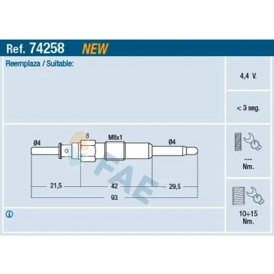 Bilde av FAE 74258 Glødeplugg 4,4V M 8x1 OPEL: Antara, CHEVROLET: Captiva