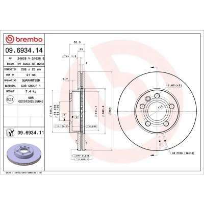 Bilde av BREMBO COATED DISC LINE 09.6934.11 Bremseskiver 288 25 5 innvendig ventilert belagt VOLKSWAGEN: Sharan I, FORD: Galaxy Mk1 MPV, SEAT: Alhambra I
