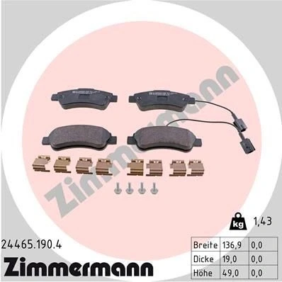 Bilde av ZIMMERMANN 24465.190.4 Bremseklosser inkl. slitasjevarselkontakt med skruer Bildet viser leveranseinnholdet, fjær