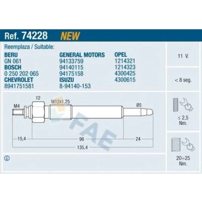 Bilde av FAE 74228 Glødeplugg 11V M 12x1,25