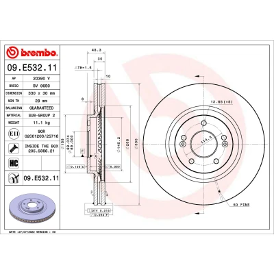 Bilde av BREMBO 09.E532.11 Bremseskiver 330 30 5 innvendig ventilert belagt høy karbon KIA: Optima / K5 Sportswagon, Sedan