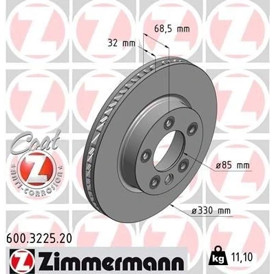 Bilde av ZIMMERMANN COAT Z 600.3225.20 Bremseskiver 330 32 6/5 5 130 innvendig ventilert belagt høy karbon VOLKSWAGEN: Touareg I, II, PORSCHE: Cayenne