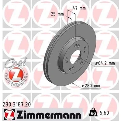 Bilde av ZIMMERMANN COAT Z 280.3187.20 Bremseskiver 280 25 9/5 5 114 innvendig ventilert belagt HONDA: CIVIC 9, 9 Tourer, 10