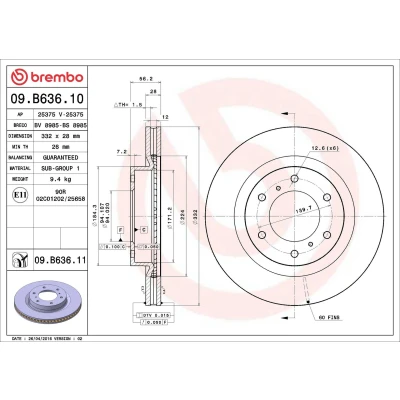 Bilde av BREMBO COATED DISC LINE 09.B636.11 Bremseskiver 332 28 6 innvendig ventilert belagt MITSUBISHI: PAJERO 4