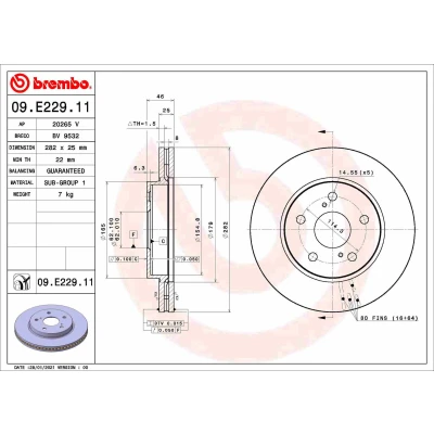 Bilde av BREMBO 09.E229.11 Bremseskiver 282 25 5 innvendig ventilert belagt TOYOTA: Corolla XII Stasjonsvogn