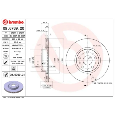 Bilde av BREMBO COATED DISC LINE 09.6769.21 Bremseskiver 281 22 5 innvendig ventilert belagt med skruer