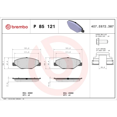 Bilde av BREMBO P 85 121X Bremseklosser ekskl. slitasjevarselkontakt med bremsecaliperskruer tilbehør SKODA: Fabia 2, III Hatchback
