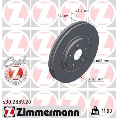 Bilde av ZIMMERMANN 590.2839.20 Bremseskiver 328 34 7/5 5 114 utvendig ventilert belagt høy karbon TOYOTA: RAV4 V, LEXUS: RX III