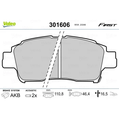 Bilde av VALEO 301606 Bremseklosser FIRST framaksel inkl. slitasjevarselkontakt uten antiskrike blikk TOYOTA: Yaris I Hatchback