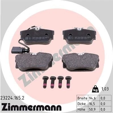 Bilde av ZIMMERMANN 23224.165.2 Bremseklosser inkl. slitasjevarselkontakt med skruer Bildet viser leveranseinnholdet VOLKSWAGEN: TRANSPORTER 4 Bus