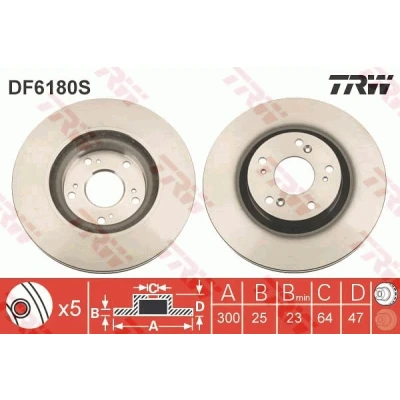 Bilde av TRW DF6180S Bremseskiver 300 25 5 100 ventilert spraylakkert HONDA: CIVIC 8 Hatchback, CR V 2
