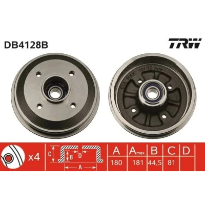 Bilde av TRW DB4128B Bremsetrommel med lager, uten ABS sensorring PEUGEOT: 309 II Hatchback