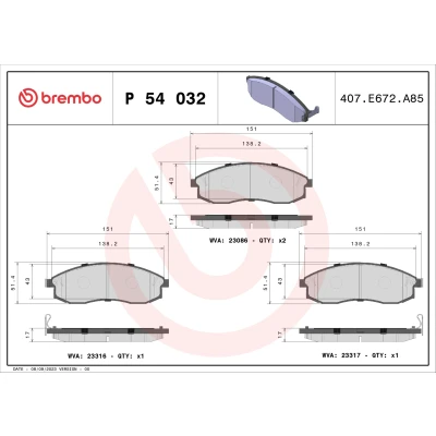 Bilde av BREMBO P 54 032 Bremseklosser med akustisk slitasjevarsel uten tilbehør MITSUBISHI: L200 III Pick up, NISSAN: Maxima IV QX Sedan