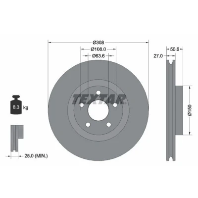 Bilde av TEXTAR 92306703 Bremseskiver 308 27 05/05 108 innvendig ventilert belagt uten hjulfestebolt, hjulnav FORD: Focus Mk4 Hatchback, Kuga Mk3