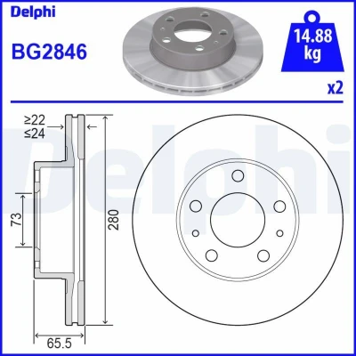 Bilde av DELPHI BG2846 Bremseskiver 280 24 5 ventilert oljet ubehandlet uten hjullager, ABS sensorring FIAT: Ducato III Flatvogn lastebil / Chassis