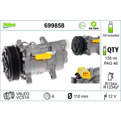 Bilde av VALEO 699858 Kompressor 6V12 12 PAG 46 R 134a med kompressorlje REMANUFACTURED