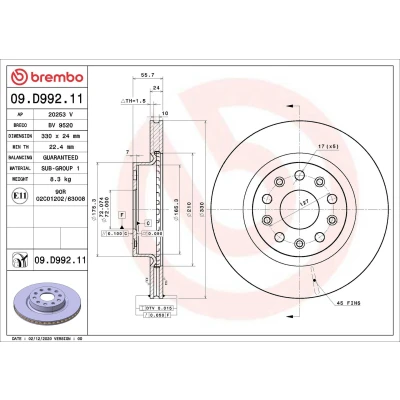 Bilde av BREMBO 09.D992.11 Bremseskiver 330 24 5 innvendig ventilert belagt