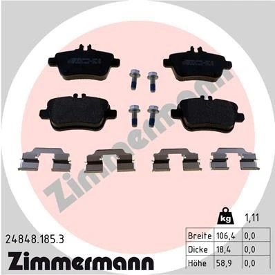 Bilde av ZIMMERMANN 24848.185.3 Bremseklosser klargjort for slitasjeindikator med skruer Bildet viser leveranseinnholdet, glideplate