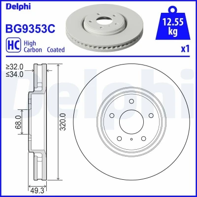 Bilde av DELPHI BG9353C Bremseskiver 320 34 5 ventilert belagt høy karbon uten hjullager, ABS sensorring NISSAN: NP300 Navara Pick up