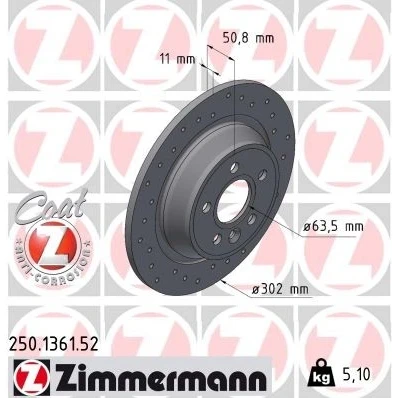 Bilde av ZIMMERMANN 250.1361.52 Bremseskiver 302 11 6/5 5 108 fullt ut, hullet belagt FORD: MONDEO 4 Turnier, S Max Mk1, Galaxy Mk2 MPV